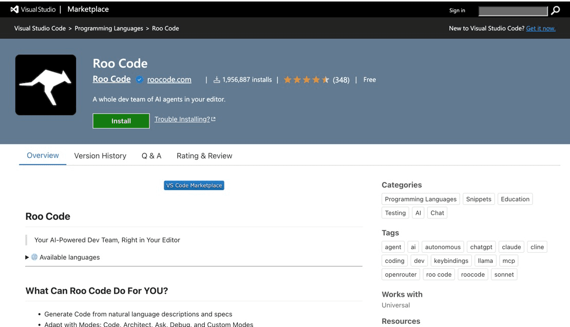 The Roo Code Marketplace page in VS Code, published by Roo Code