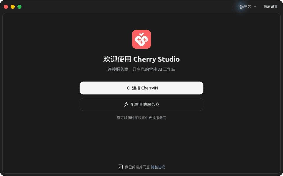 Language selection on the Cherry Studio first-launch screen