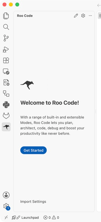 The Roo Code welcome page; click Get Started to begin configuration