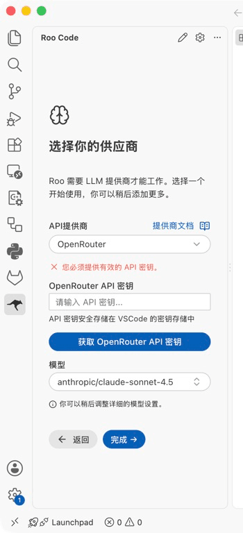 The Roo Code provider wizard defaults to OpenRouter