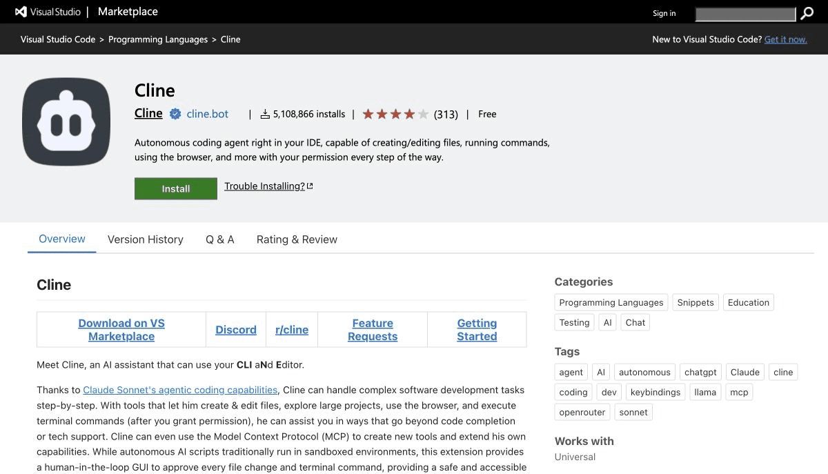 The official Cline extension in the Visual Studio Marketplace